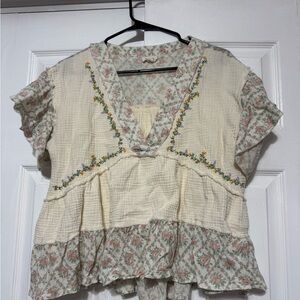 Floral Embroidered Cream and Gray Women's Top